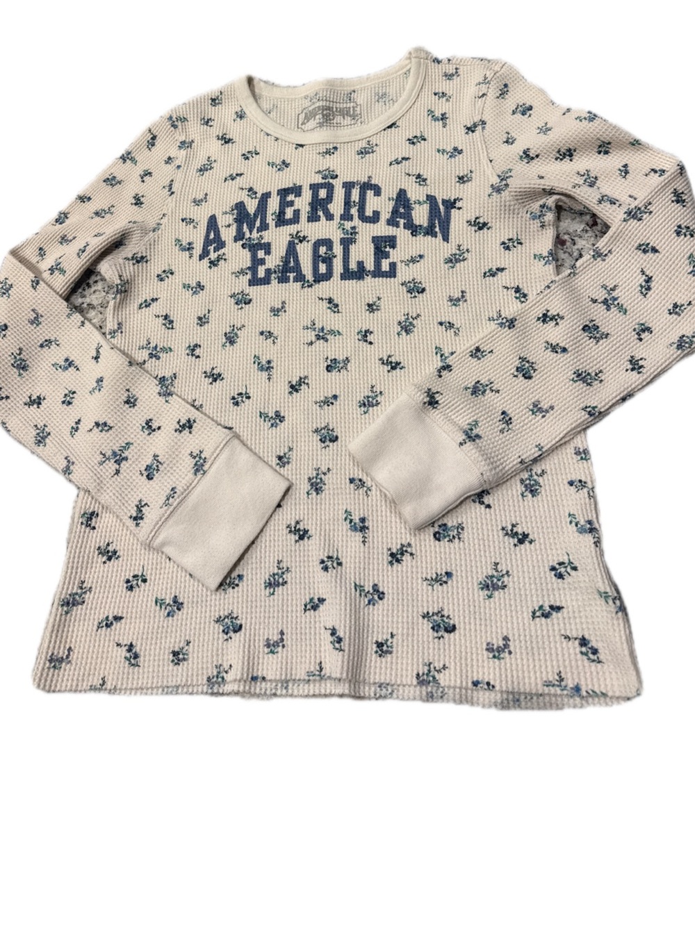 American Eagle Outfitters Cream Long Sleeve Thermal Top with Blue Floral Print